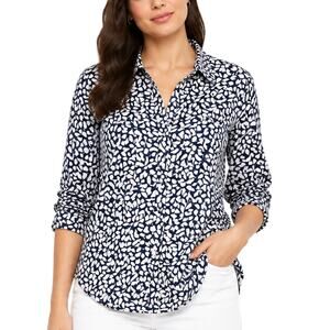 Michael Kors Floral Button Down Shirt S Navy White 100% Cotton Long Sleeve